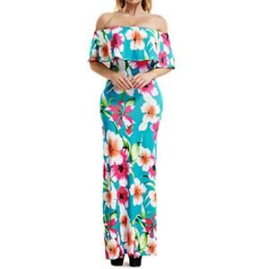 Suimiki Tropical maxi ruffle off shoulder vacation resort NWOT Med blue floral